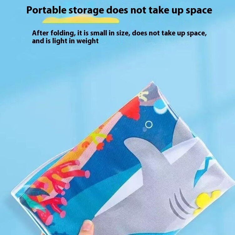 Folded cooling pet bed for summer with colorful shark design showing portable storage and lightweight features