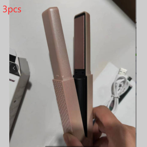 Shopi Vella cordless hair straightener for travel in rose gold color held in hand with USB charging cable