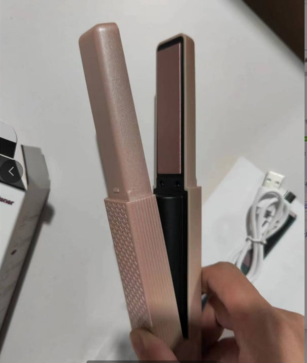 Cordless hair straightener for travel in beige with compact design and USB charging cable