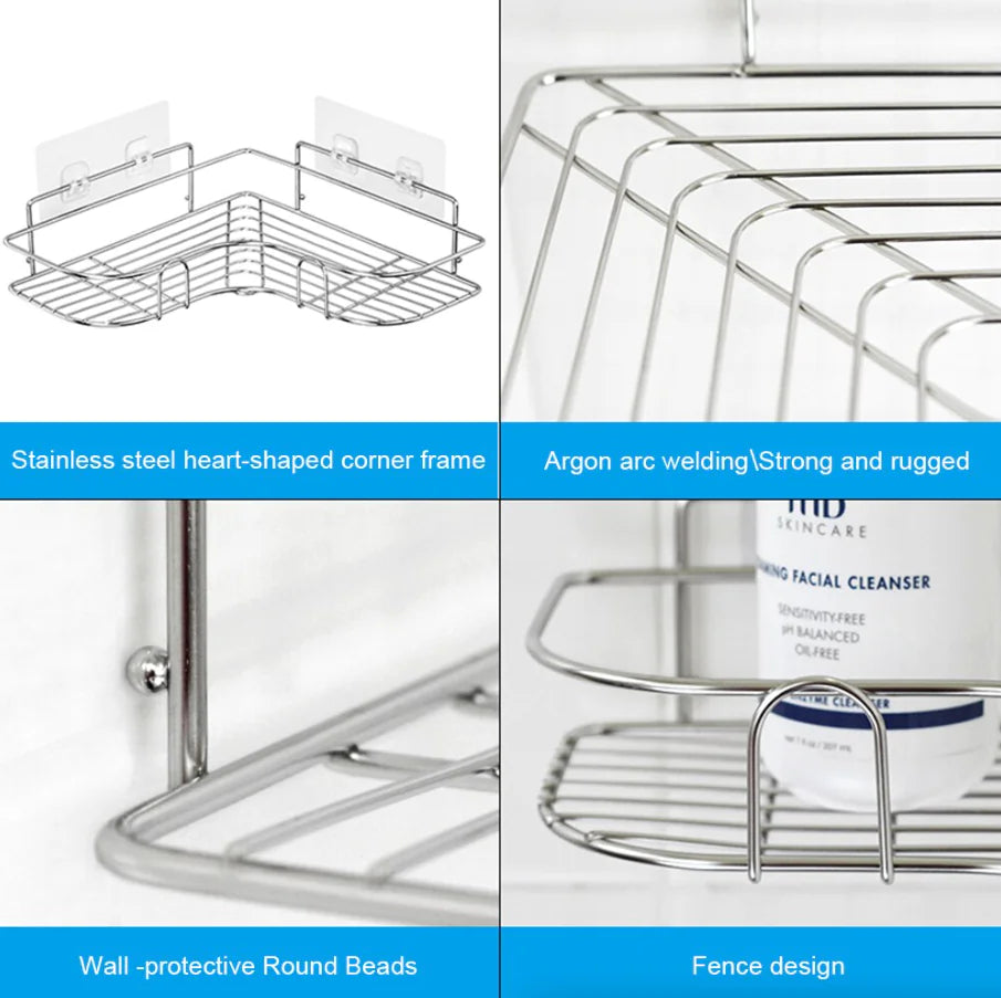 Stainless steel corner shower caddy shelf with heart-shaped frame and fence design for bathroom storage