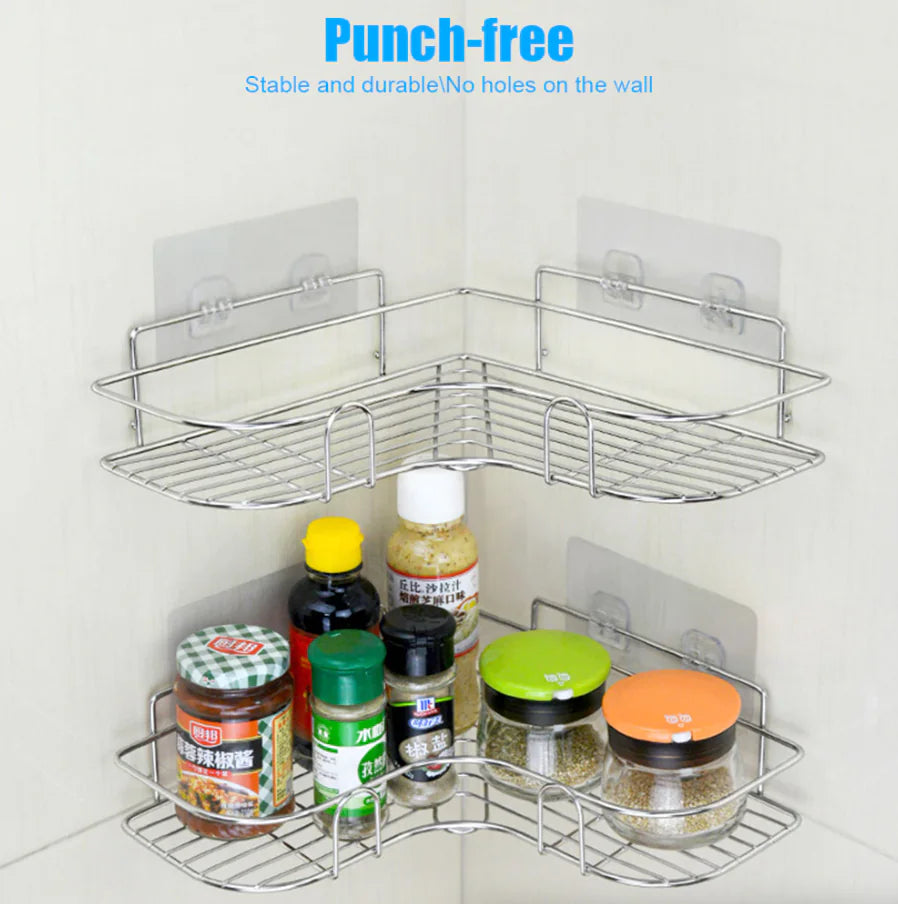 Punch-free corner shower caddy shelf with two wire racks holding bottles and jars in a bathroom corner