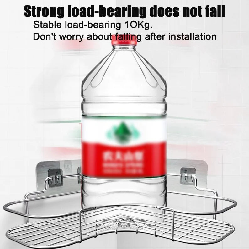 Corner shower caddy shelf with strong load-bearing capacity holding a large water bottle securely