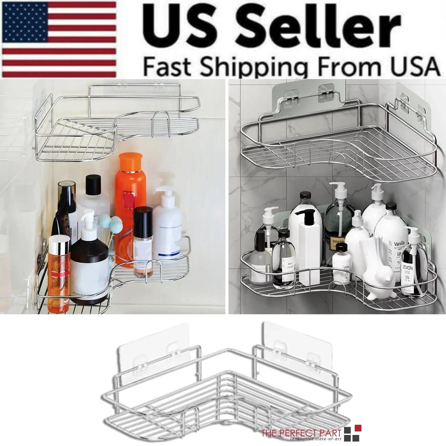 Corner shower caddy shelf with two tiers holding shampoo and soap bottles in a bathroom corner