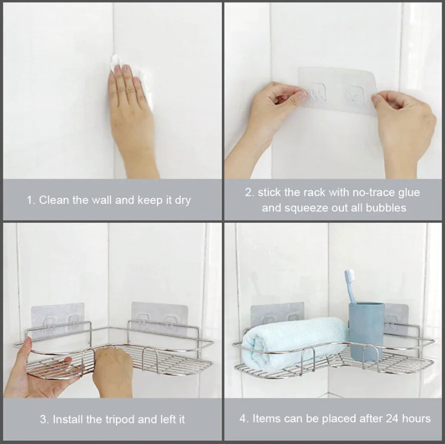 Step-by-step installation of corner shower caddy shelf with no-trace glue and drying instructions