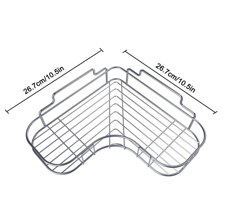 Metal corner shower caddy shelf with wireframe design and dimensions of 10.5 inches on each side