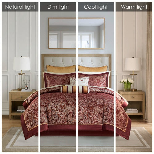 Cotton bed sheets comforter set in a red paisley design displayed in natural, dim, cool, and warm lighting