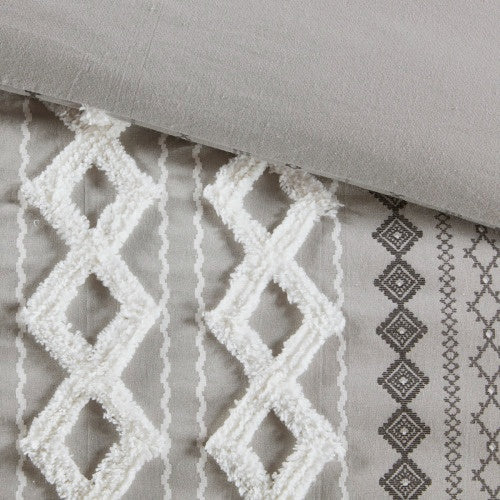 Shopi Vella cotton duvet cover set queen with textured white diamond pattern on gray fabric