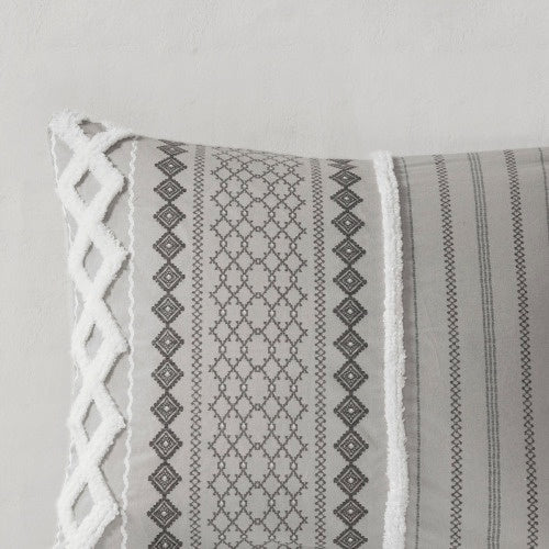 Shopi Vella cotton duvet cover set queen with gray and white geometric patterns and textured trim