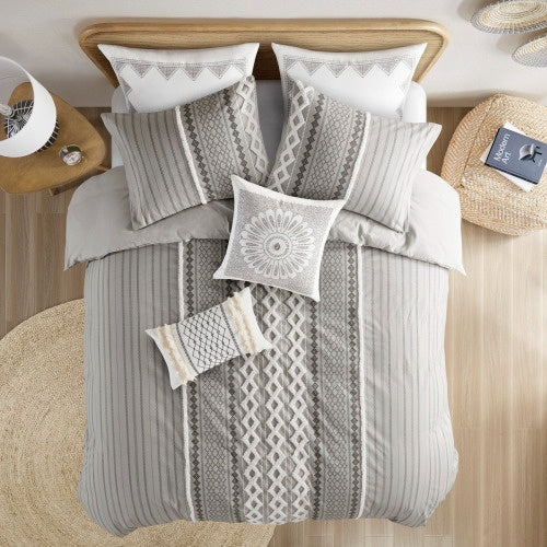 Shopi Vella cotton duvet cover set queen with gray and white geometric patterns on bed