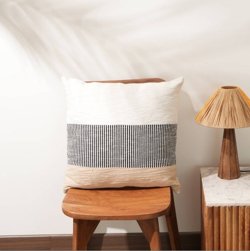 Shopi Vella cotton velvet cushion with filler in white and beige striped pillow case on wooden chair