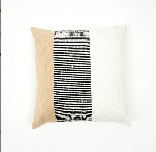 Shopi Vella cotton velvet cushion with filler featuring beige, black striped, and white color blocks