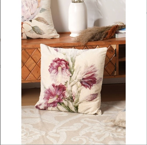 Shopi Vella cotton velvet cushion with filler featuring a floral design in soft pink and green tones