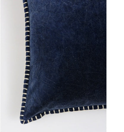 Shopi Vella cotton velvet throw pillow case in navy blue with white stitched edging detail