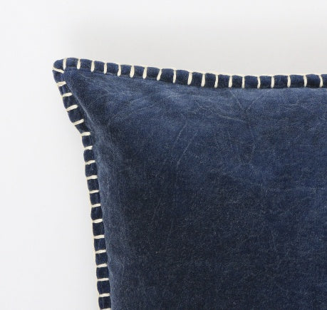 Shopi Vella navy blue cotton velvet throw pillow case with white stitched trim detail