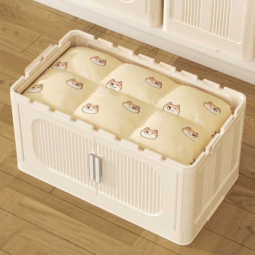 Shopi Vella cream white folding storage cabinet filled with folded clothes on wooden floor
