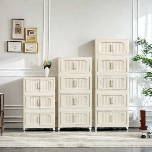 Cream white folding storage cabinet by Shopi Vella with multiple compartments for clothing and wardrobe organization