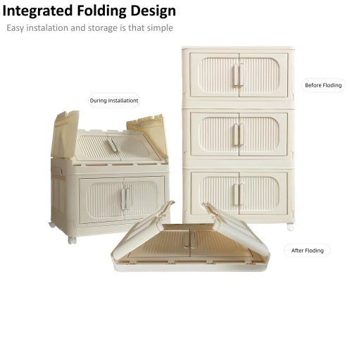 Shopi Vella cream white folding storage cabinet showing integrated folding design before during and after installation