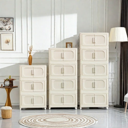Cream white folding storage cabinet set with multiple compartments for clothing and wardrobe organization