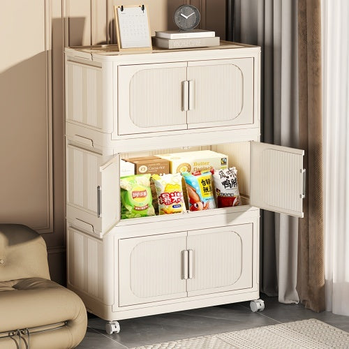 Shopi Vella cream white folding storage cabinet with double doors and wheels for clothing and wardrobe storage