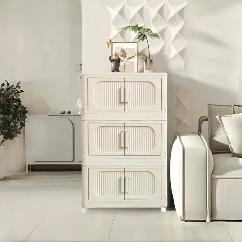 Shopi Vella cream white folding storage cabinet with three compartments in living room decor