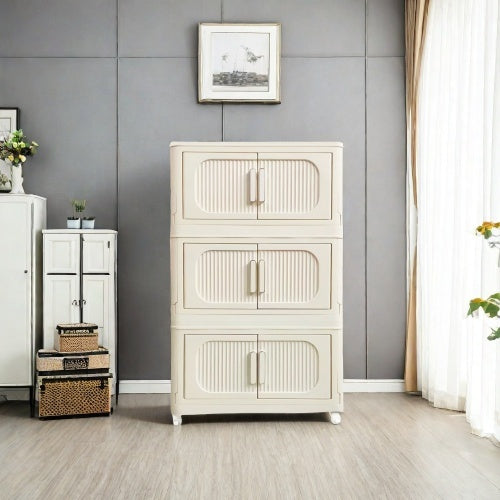 Shopi Vella cream white folding storage cabinet with three stacked compartments for clothing and wardrobe organization