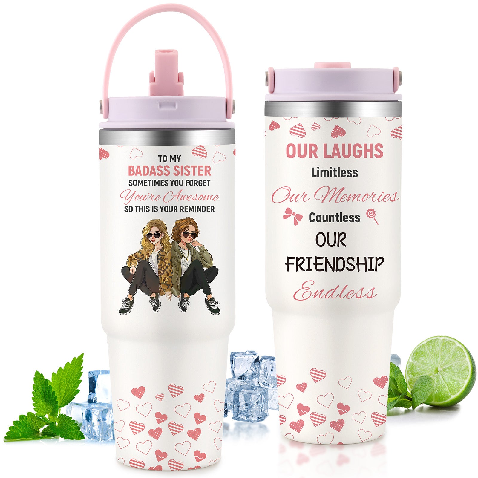 Shopi Vella custom gift tumbler for couples with sister friendship quotes and pink heart design