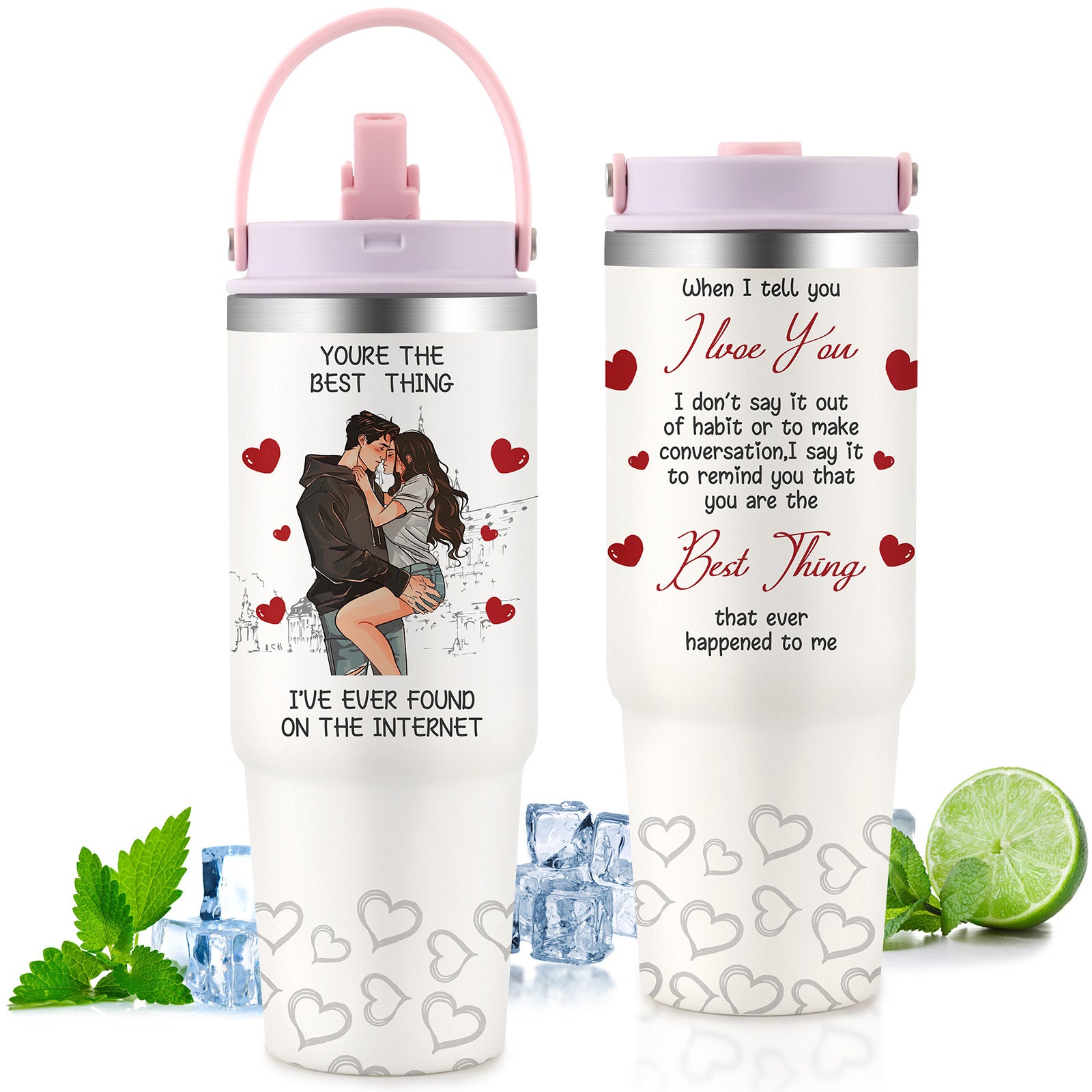 Shopi Vella custom gift tumbler for couples with romantic couple illustration and love quote
