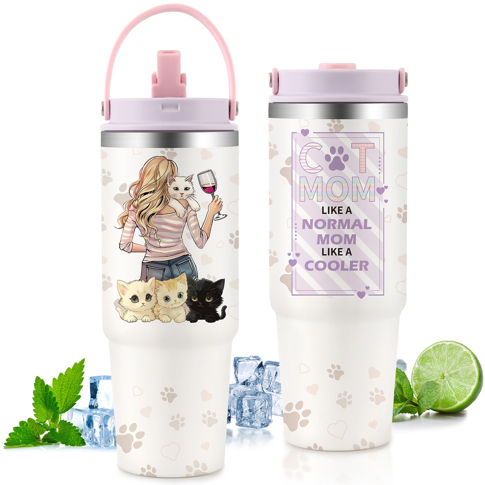 Shopi Vella custom gift tumbler for couples with cat mom design and paw print pattern