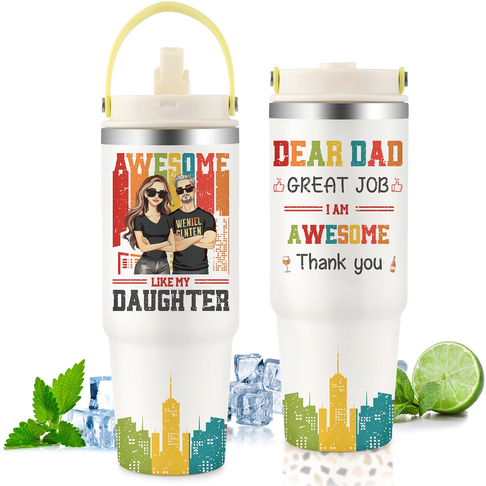 Shopi Vella custom gift tumbler for couples with colorful cityscape and personalized messages for dad and daughter