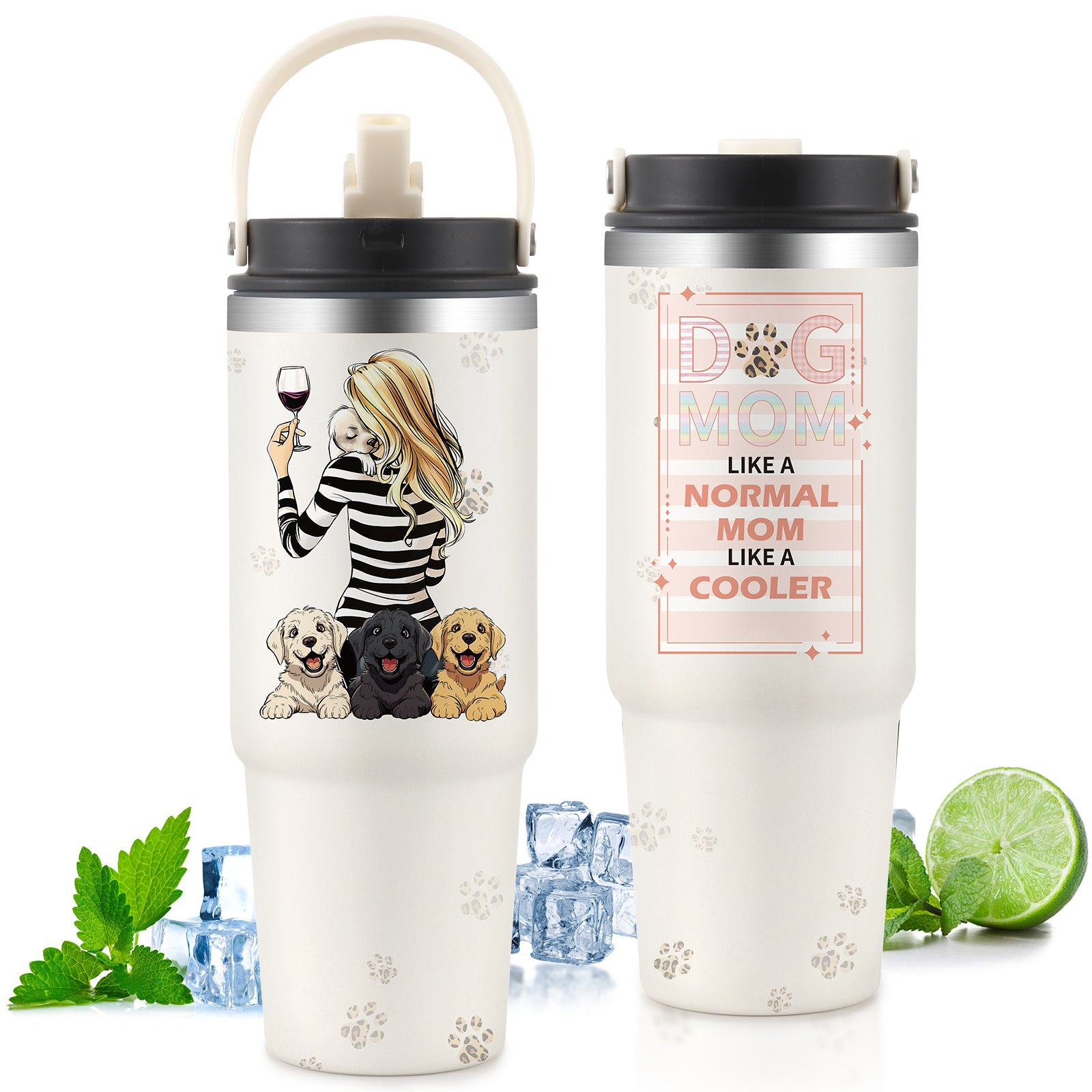 Custom gift tumbler for couples with dog mom design and paw prints, featuring woman with dogs and humorous text
