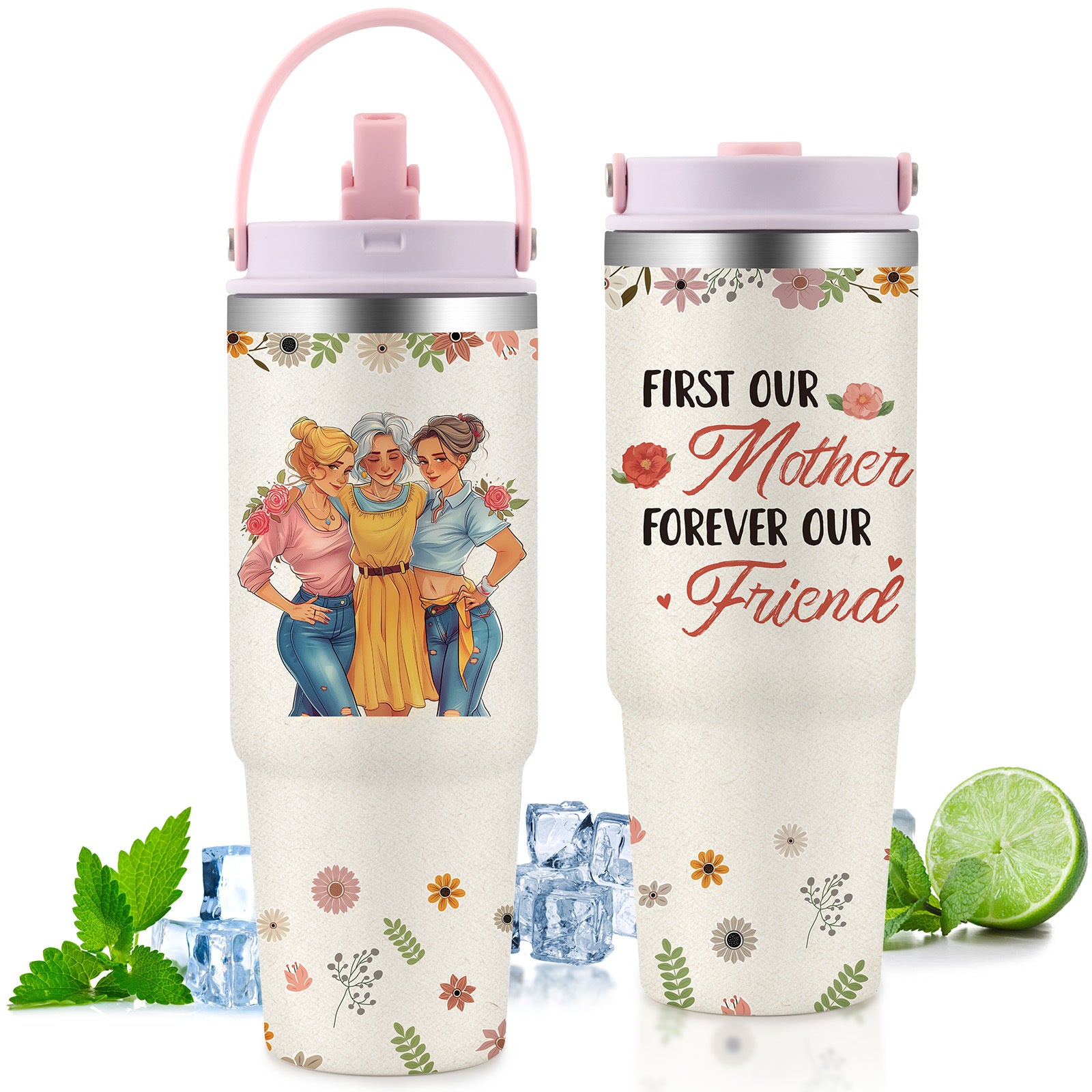 Shopi Vella custom gift tumbler for couples with floral design and sentimental mother and friend quote