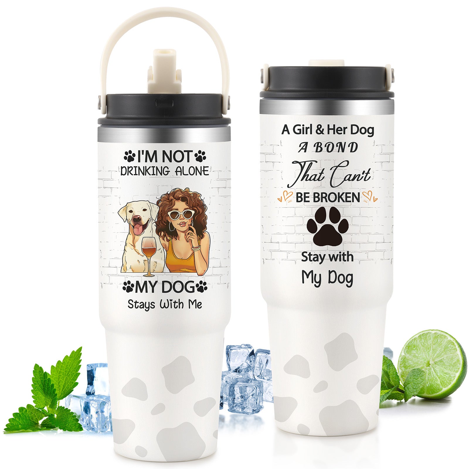 Shopi Vella custom gift tumbler for couples featuring dog-themed designs and quotes on white insulated drinkware