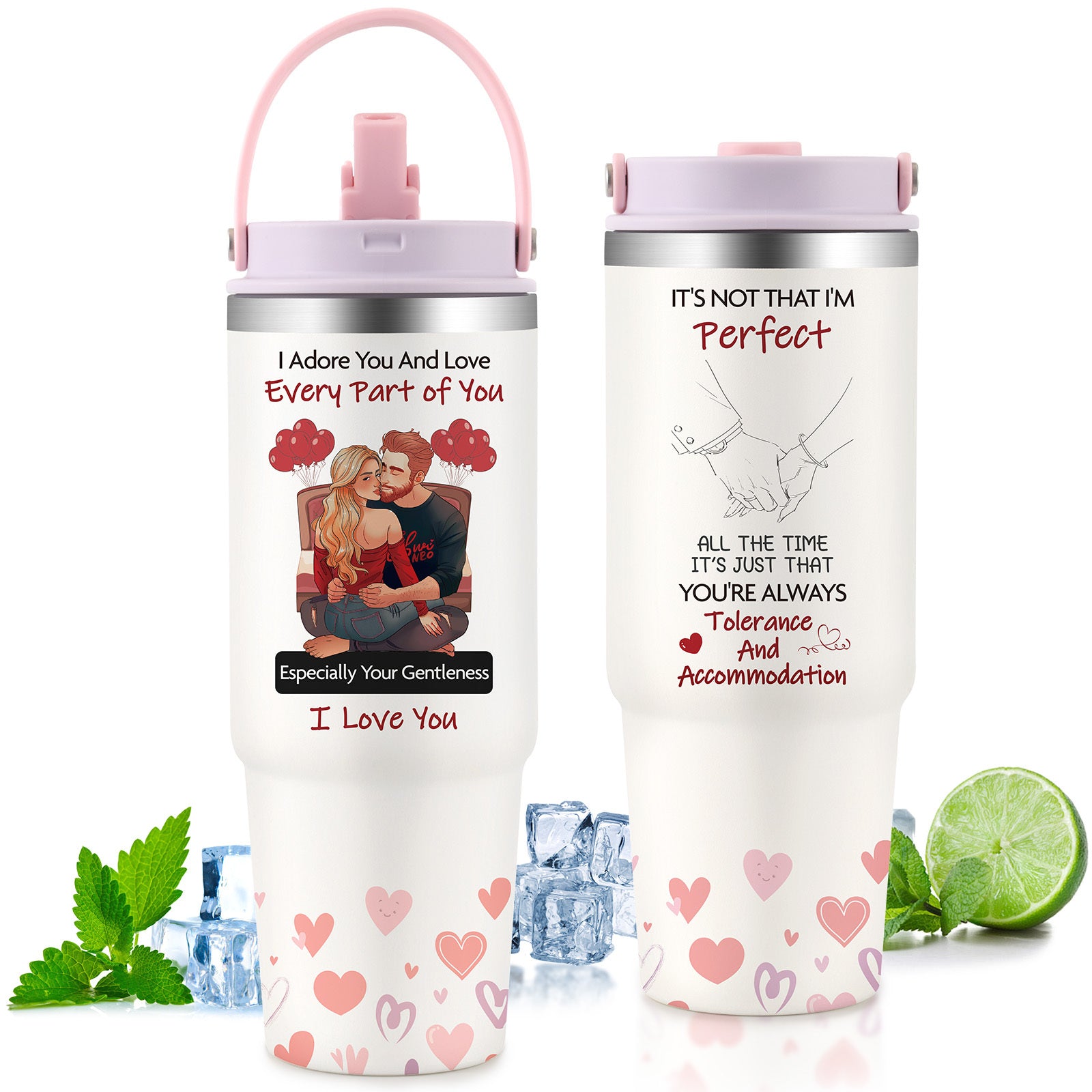 Custom gift tumbler for couples with romantic quotes and heart designs by Shopi Vella