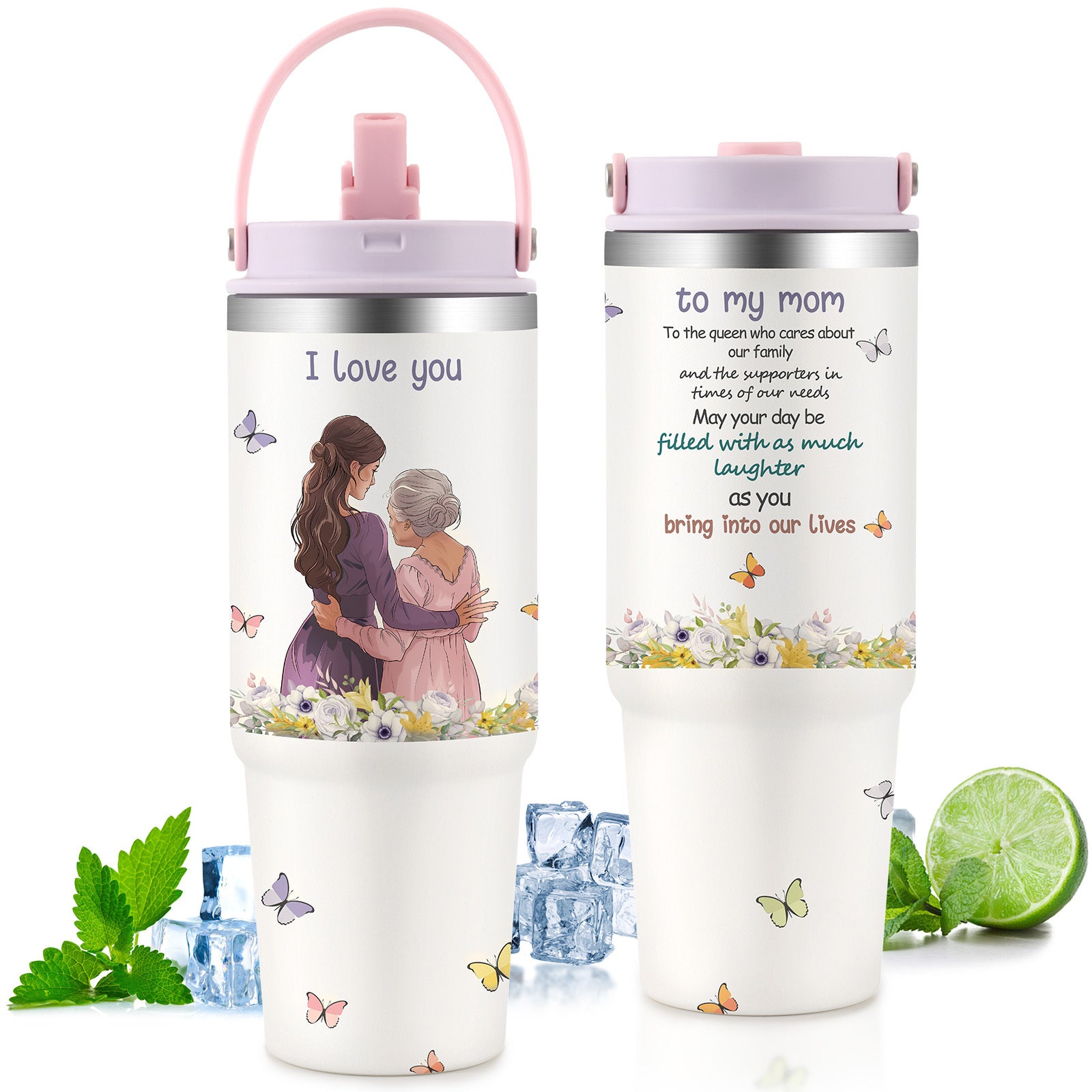 Custom gift tumbler for couples with floral design and loving message for mom, pink lid and handle