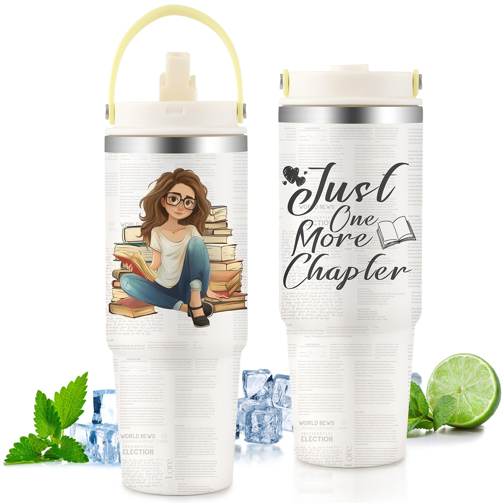 Shopi Vella custom gift tumbler for couples with reading girl illustration and Just One More Chapter text