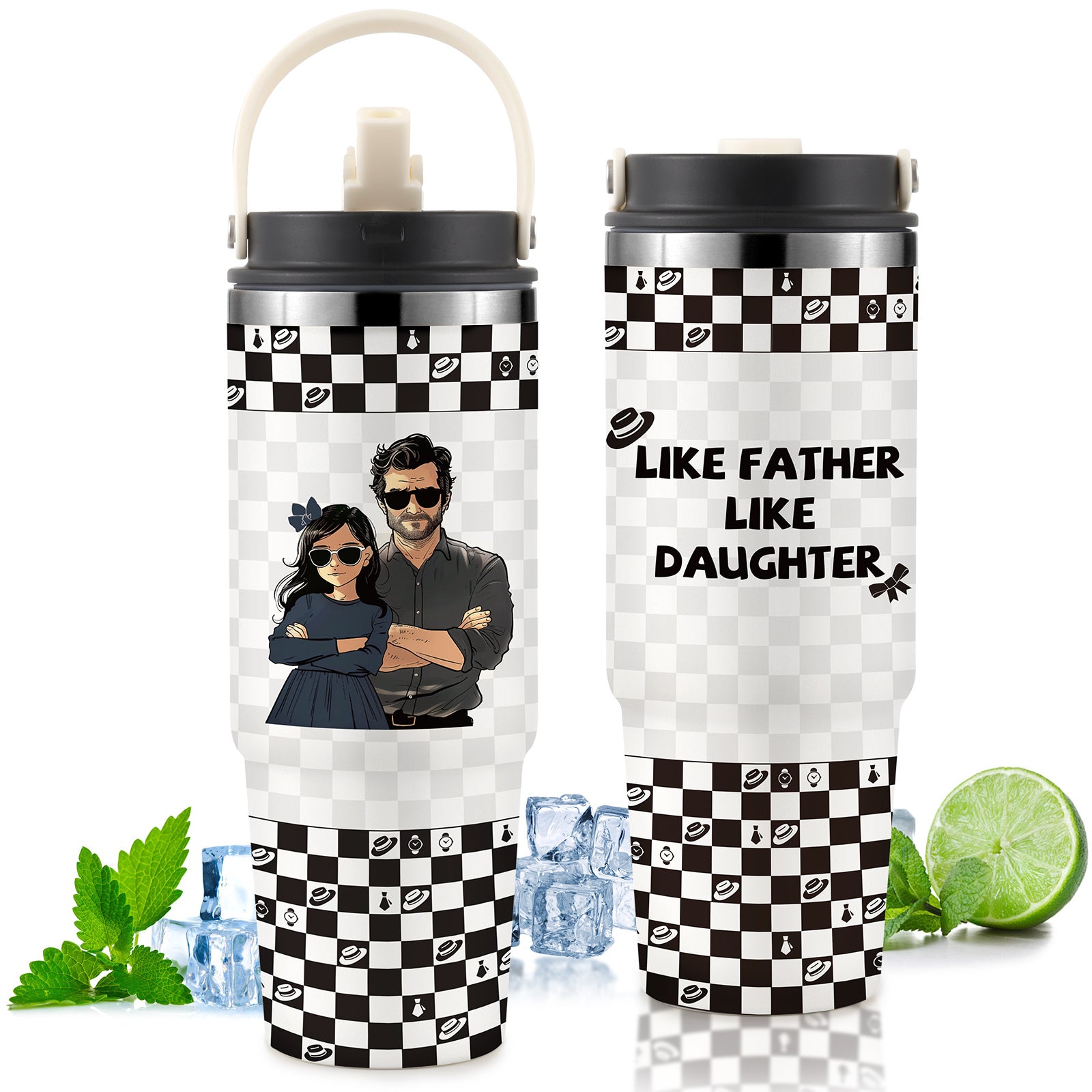 Shopi Vella custom gift tumbler for couples with like father like daughter design and checkered pattern