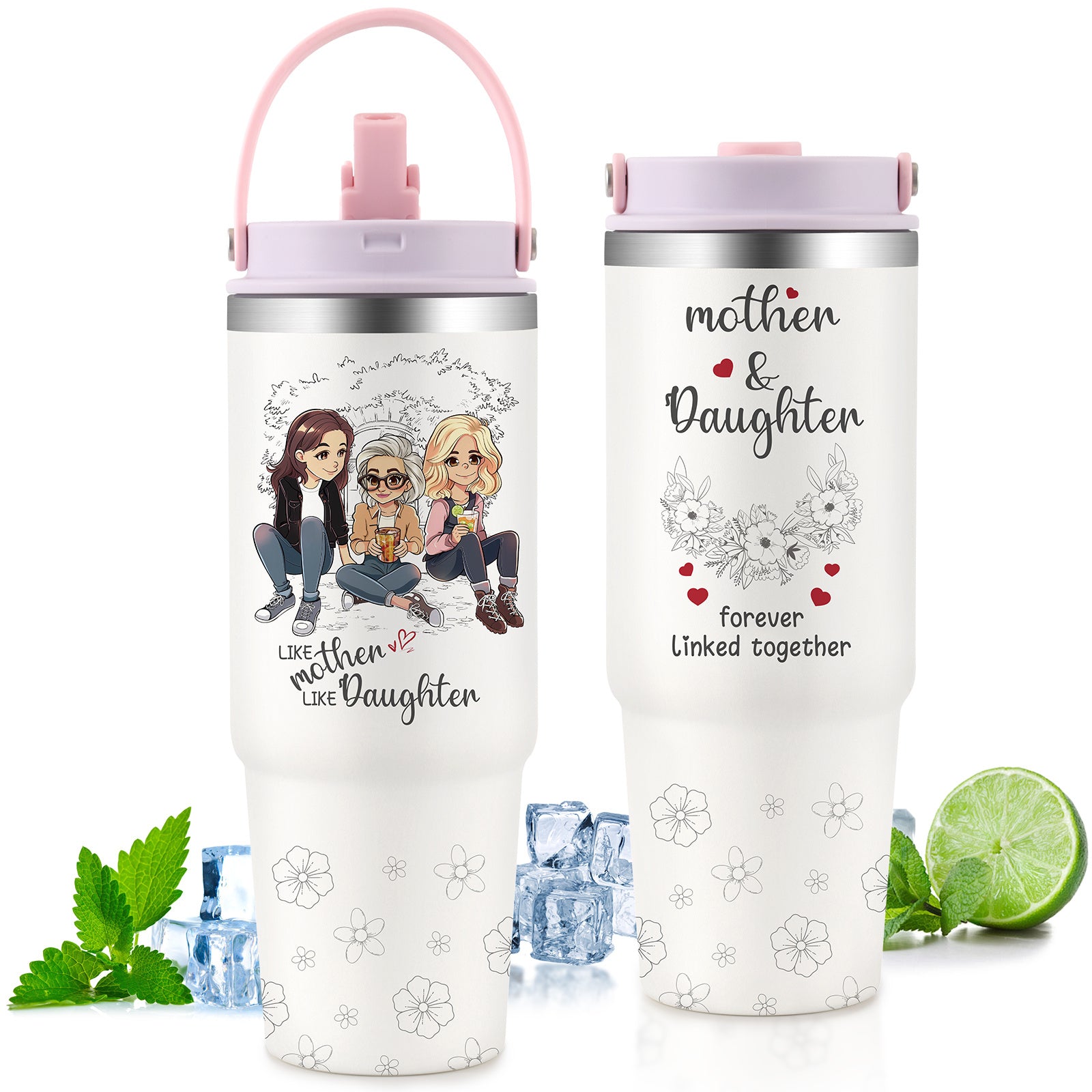 Shopi Vella custom gift tumbler for couples with mother and daughter design in white with pink lid