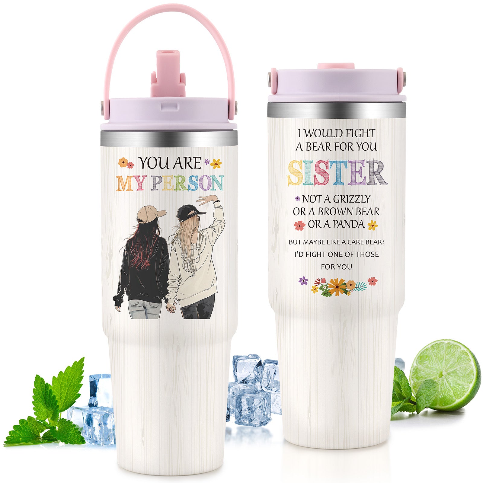 Shopi Vella custom gift tumbler for couples with pink lid and handles featuring personalized sister and friend design