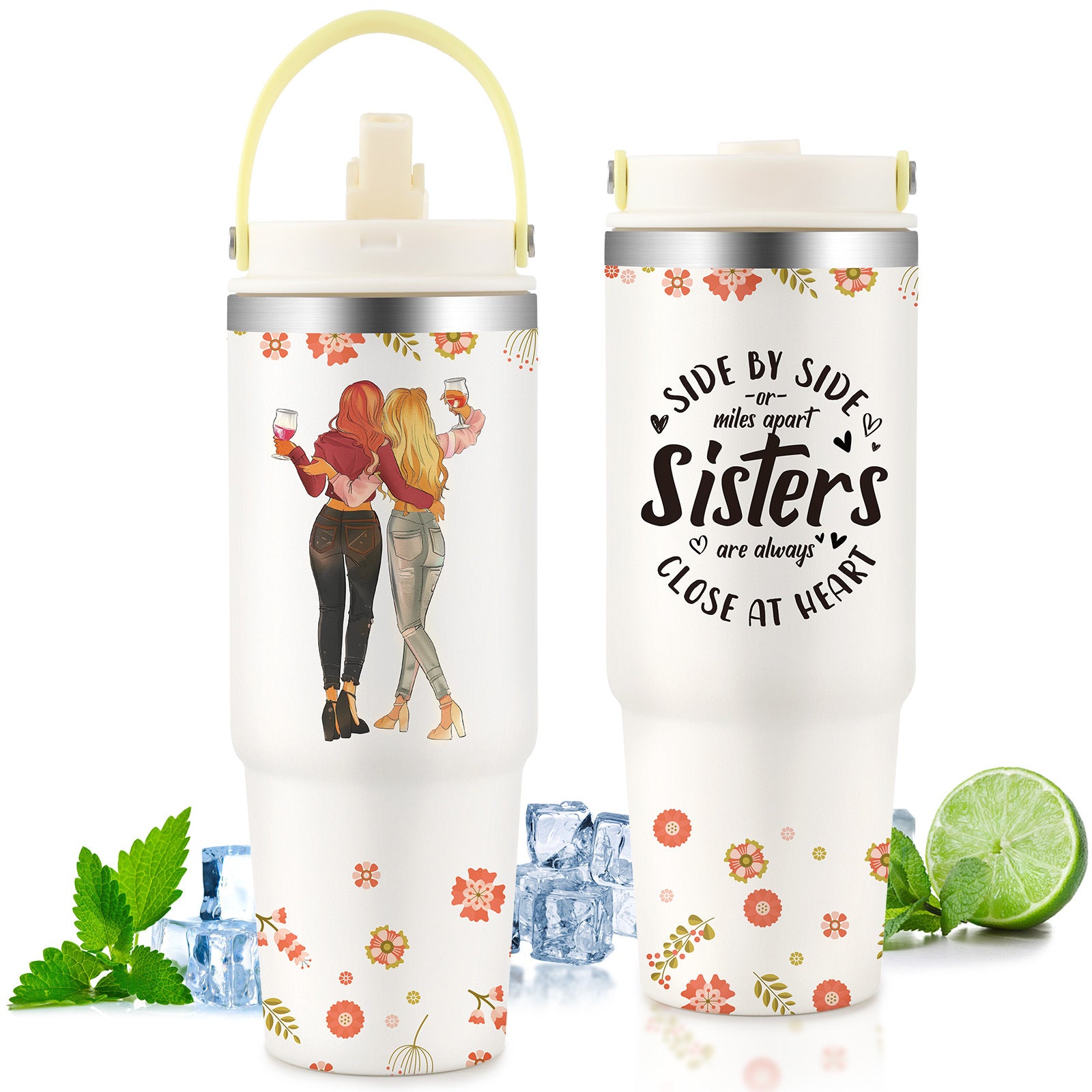 Custom gift tumbler for couples with sister theme and floral design by Shopi Vella
