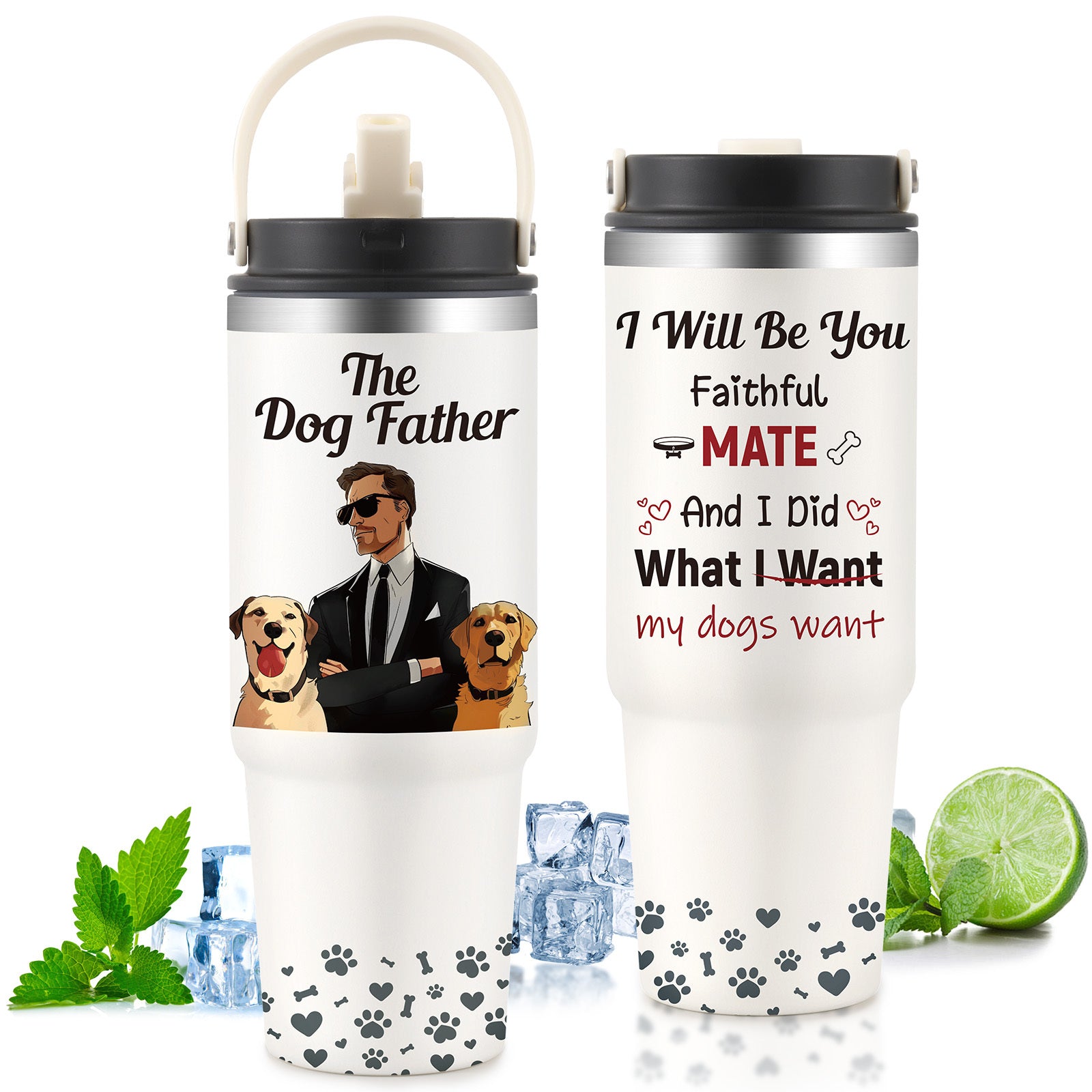 Shopi Vella custom gift tumbler for couples featuring dog-themed designs with paw prints and humorous text