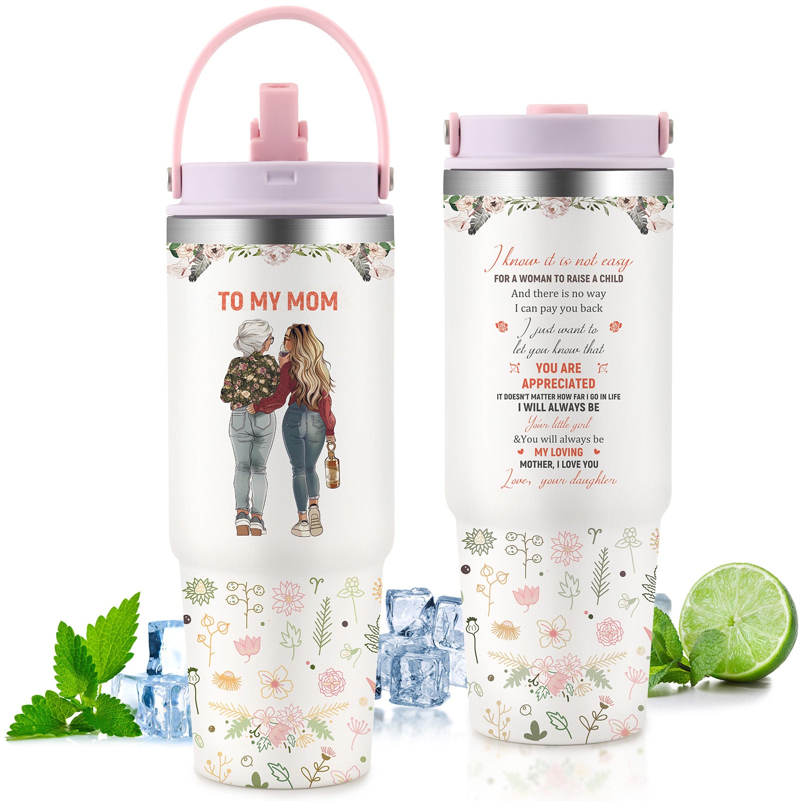 Shopi Vella custom gift tumbler for couples with floral design and heartfelt message to mom