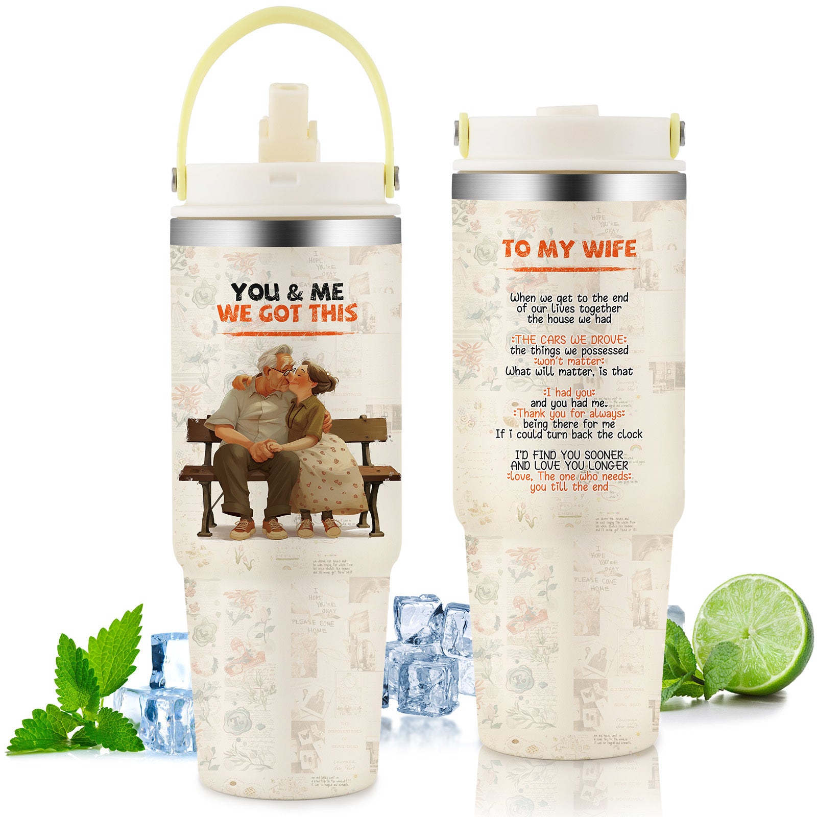 Shopi Vella custom gift tumbler for couples with romantic message and vintage couple illustration