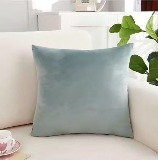 Shopi Vella soft blue custom pillowcases for home decor on a white sofa with green plant background
