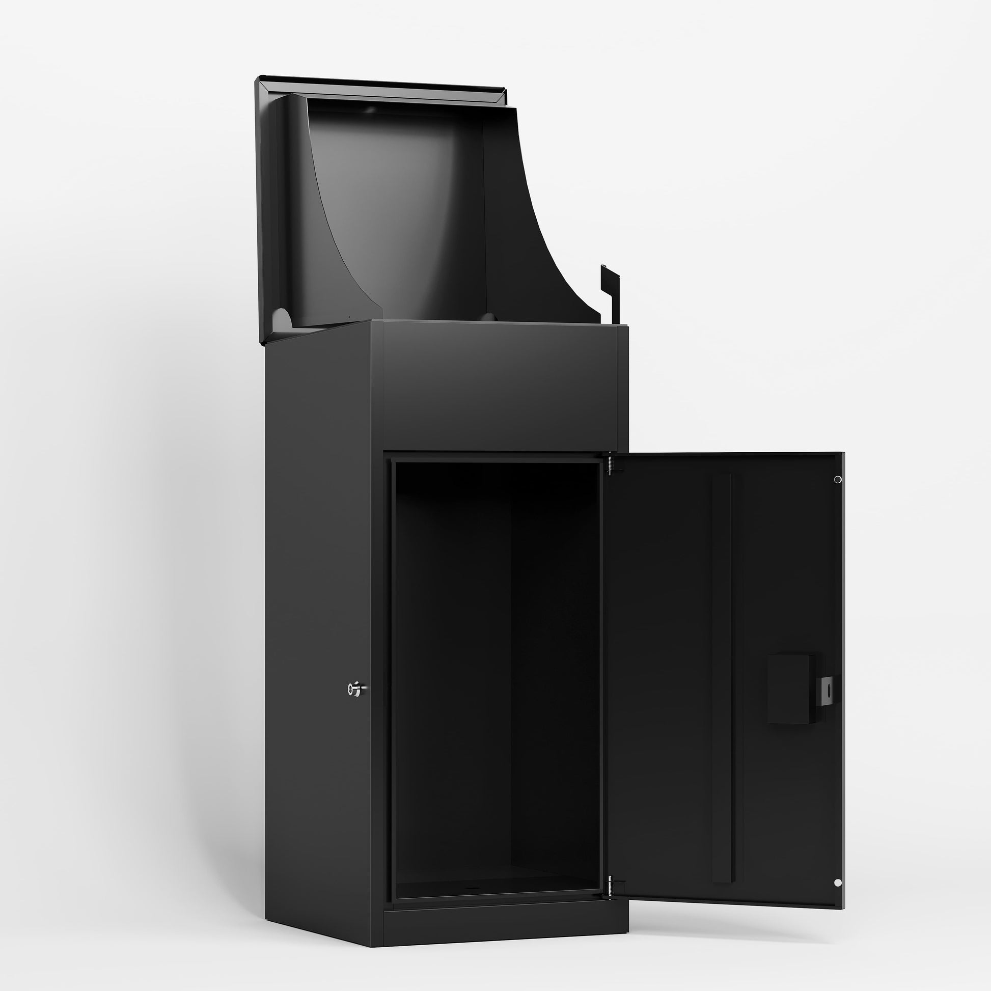Shopi Vella weather resistant steel package mailbox in black with front and top access doors open
