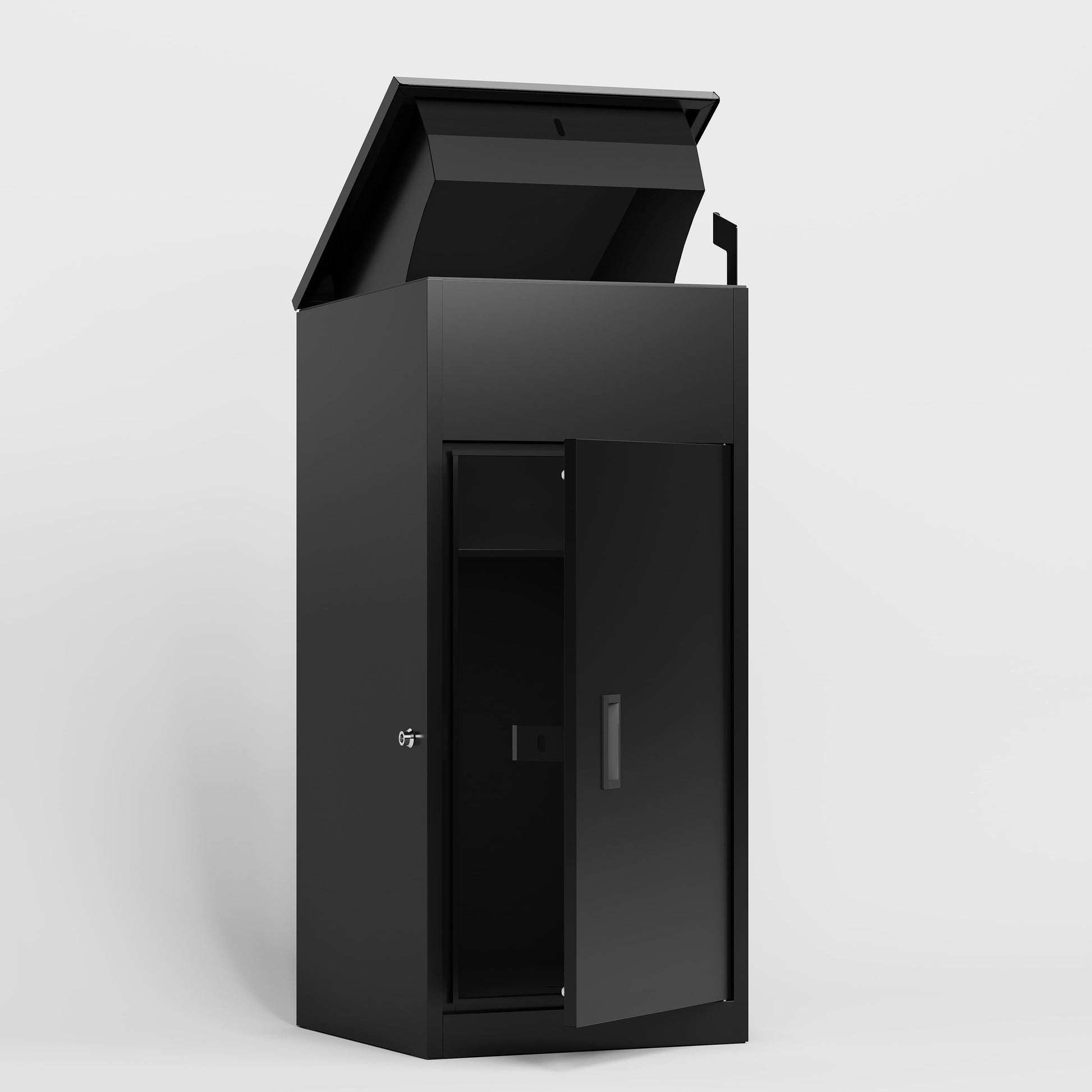 Shopi Vella weather resistant steel package mailbox in black with top lid and front door for secure storage