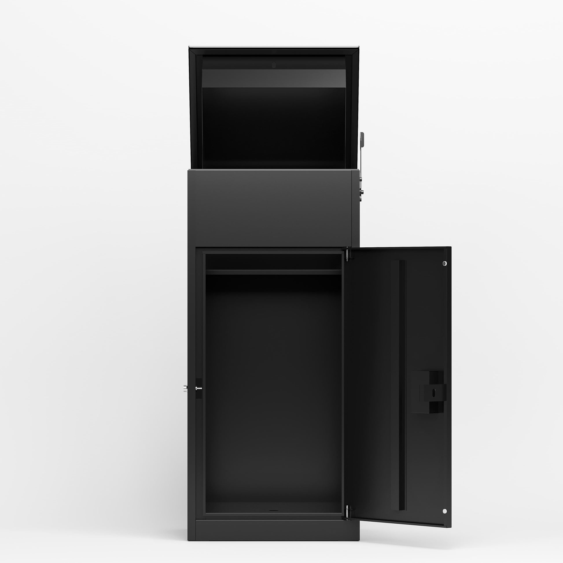 Shopi Vella weather resistant steel package mailbox in black with top and bottom compartments open