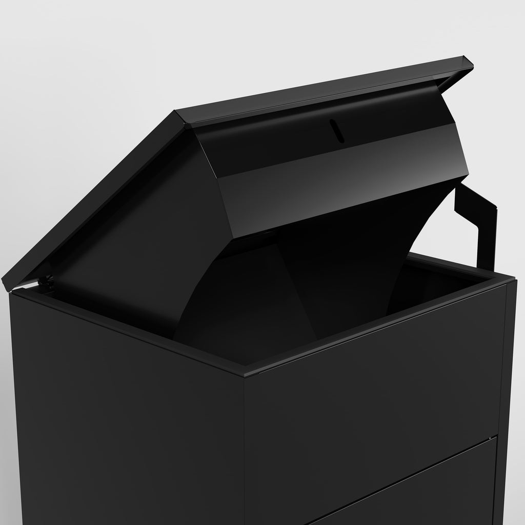 Shopi Vella weather resistant steel package mailbox in black with open lid for secure storage