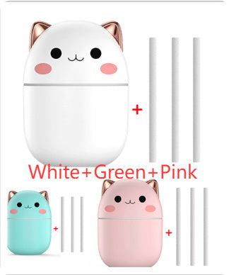Shopi Vella cute cat air humidifier in white green and pink with three replacement sticks