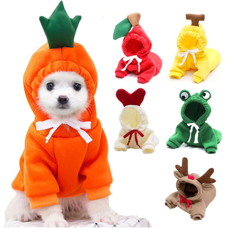 Cute dog hoodies for small dogs in various colors and fun designs including carrot, apple, frog, and reindeer