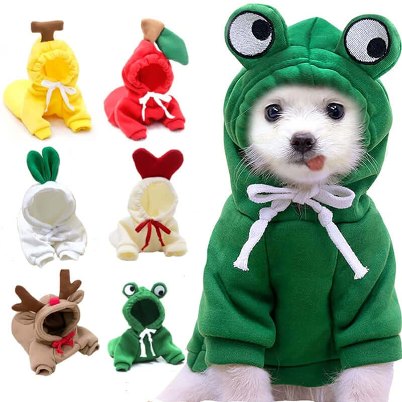 Cute dog hoodies for small dogs in various animal and fruit designs by Shopi Vella